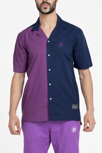 unisex open collar color block shirt- blue and purple color