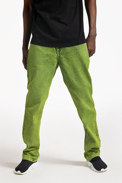 Neon green color enzyme wash unisex denim pants