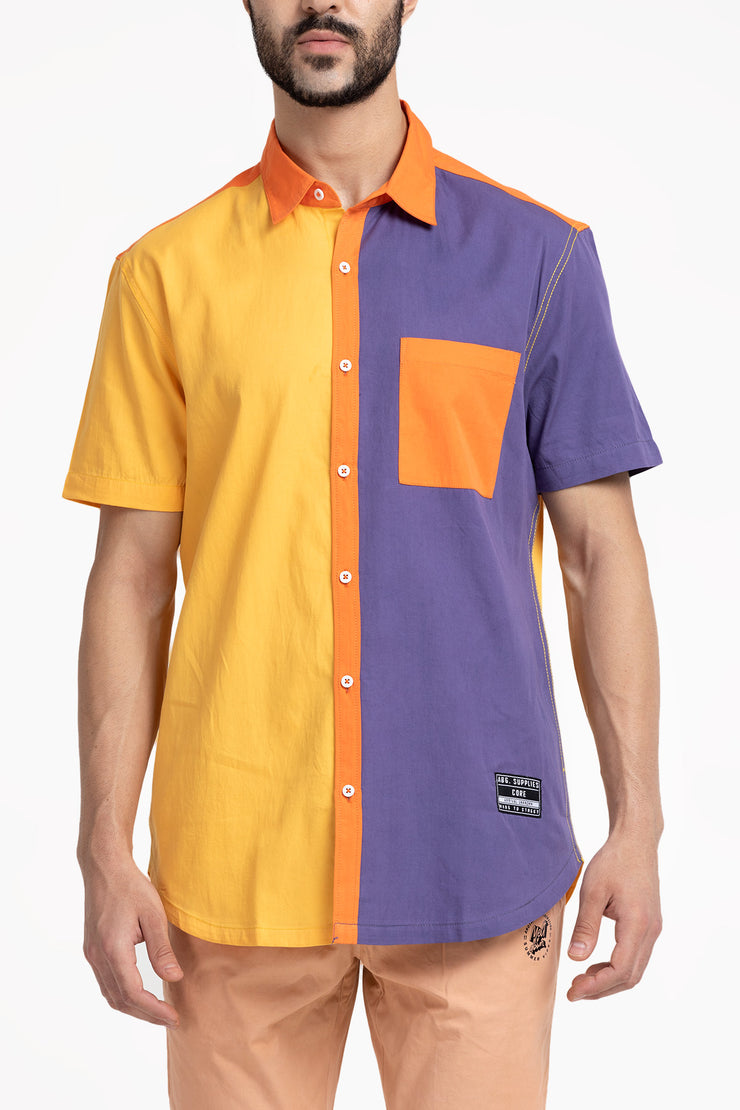 light, dark orange and purple color block open collar unisex shirt