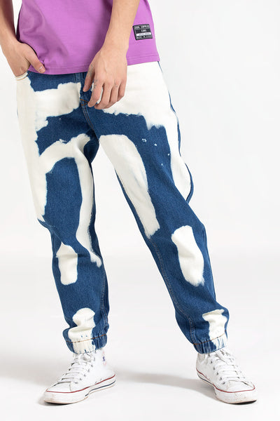 Paint brush effect unisex blue denim pants