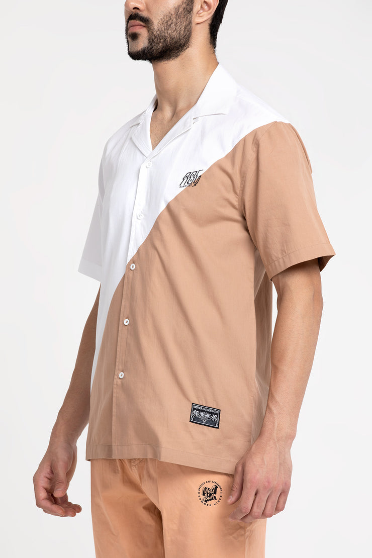 white and beige color diagonal cut unisex shirt