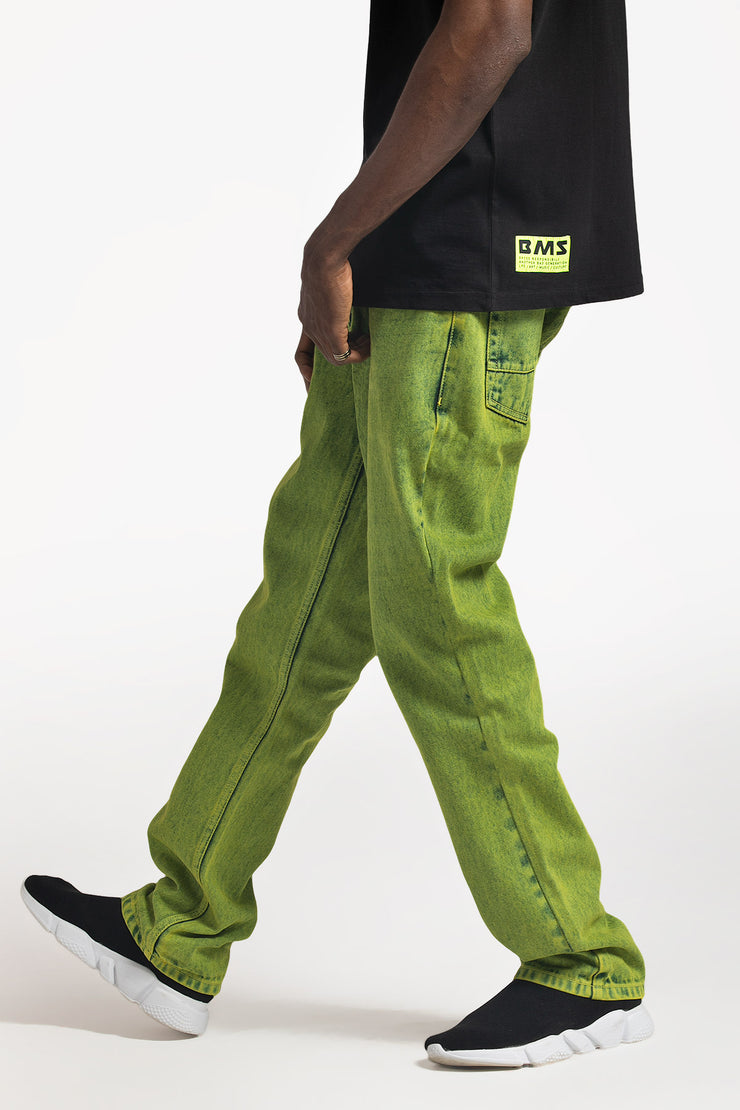 Neon green color enzyme wash unisex denim pants