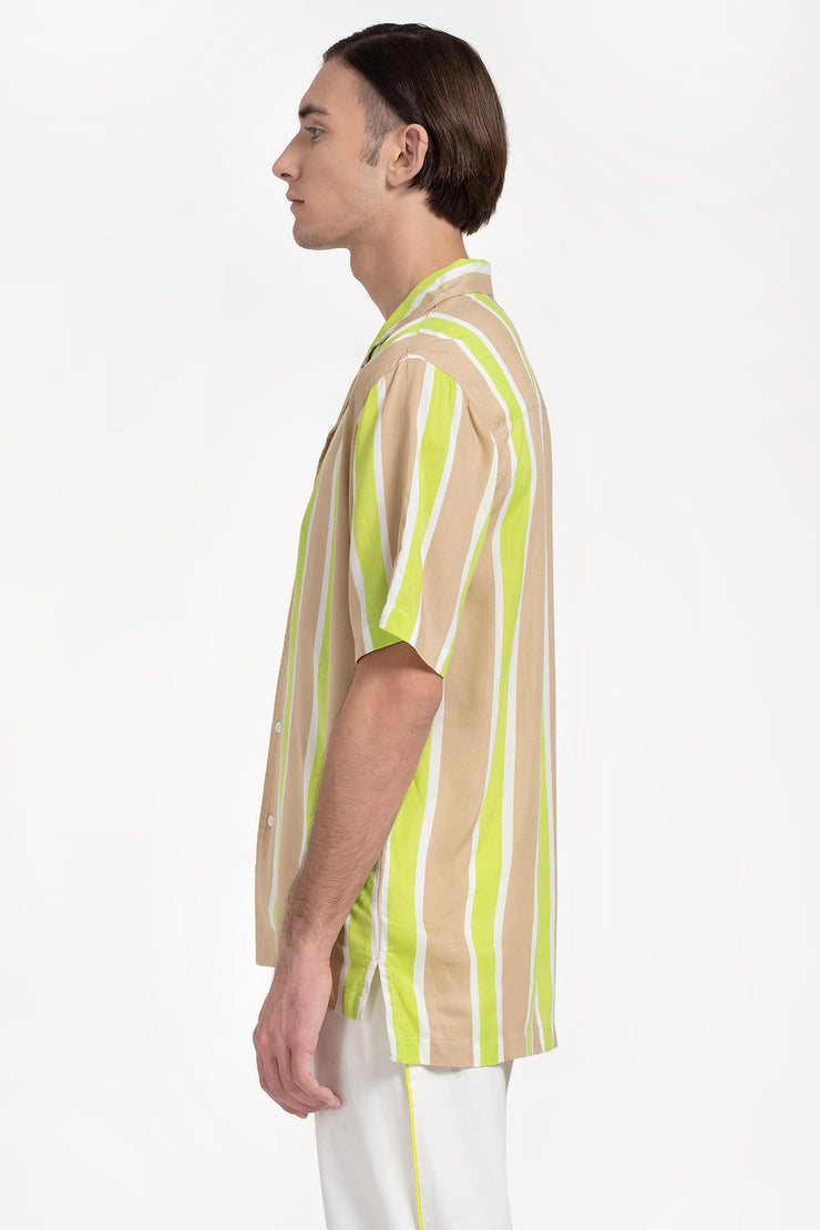 green and beige strip pattern oversized unisex shirt