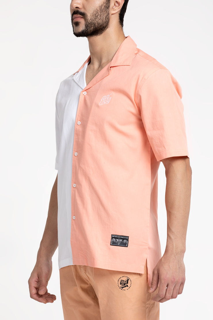 White and Peach color cut and sew open collar shirt