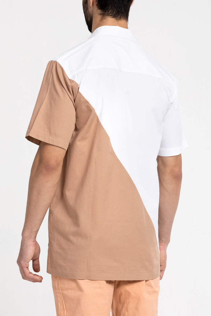 white and beige color diagonal cut unisex shirt
