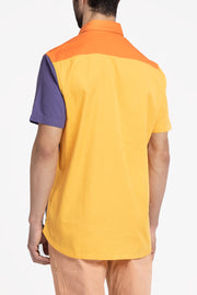 light, dark orange and purple color block open collar unisex shirt