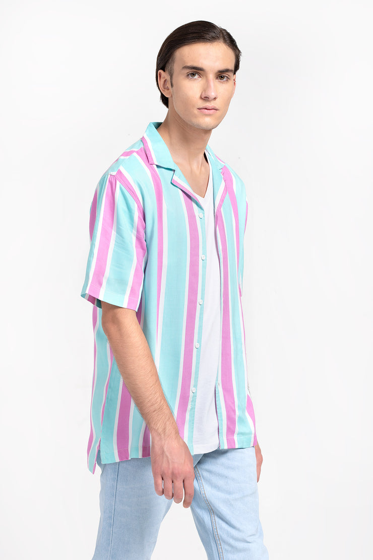 ice blue and pink vertical strip pattern oversized unisex shirt