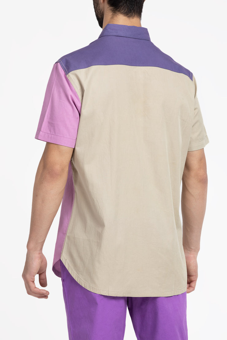 Grey, purple and pink color block open collar unisex shirt