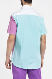 light blue, purple and white color block open collar unisex shirt