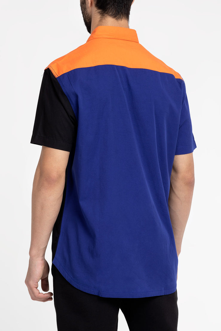 triple color block unisex shirt in blue, black and orange color