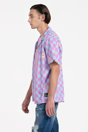 sunflower checkerboard print longline shirt in purple and blue color