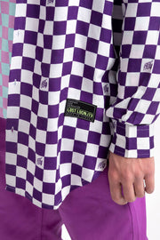 checkerboard print longline unisex shirt in white and purple color