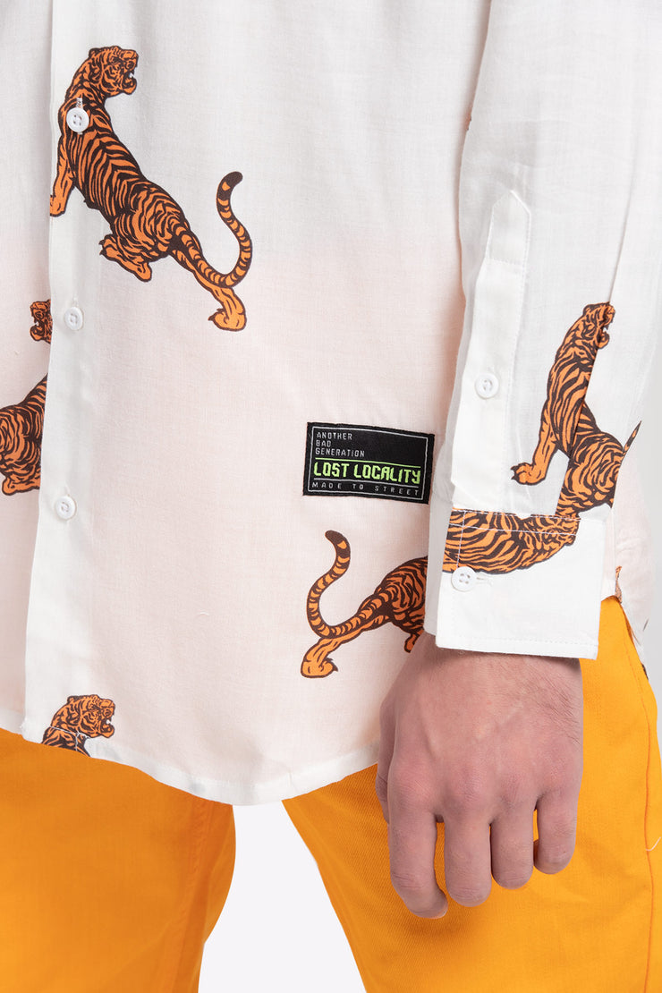 ABG Mens Egret White-Orange Tiger Print Longline LOST LOCALITY Shirt