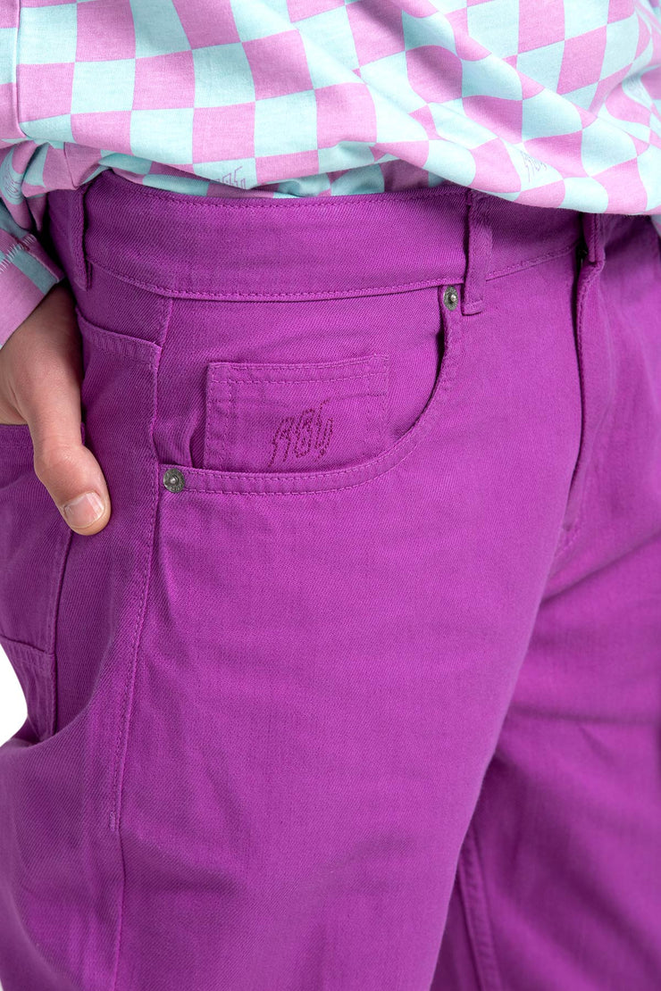 Purple color overdyed unisex denim with embroidery