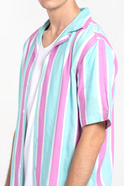 ice blue and pink vertical strip pattern oversized unisex shirt