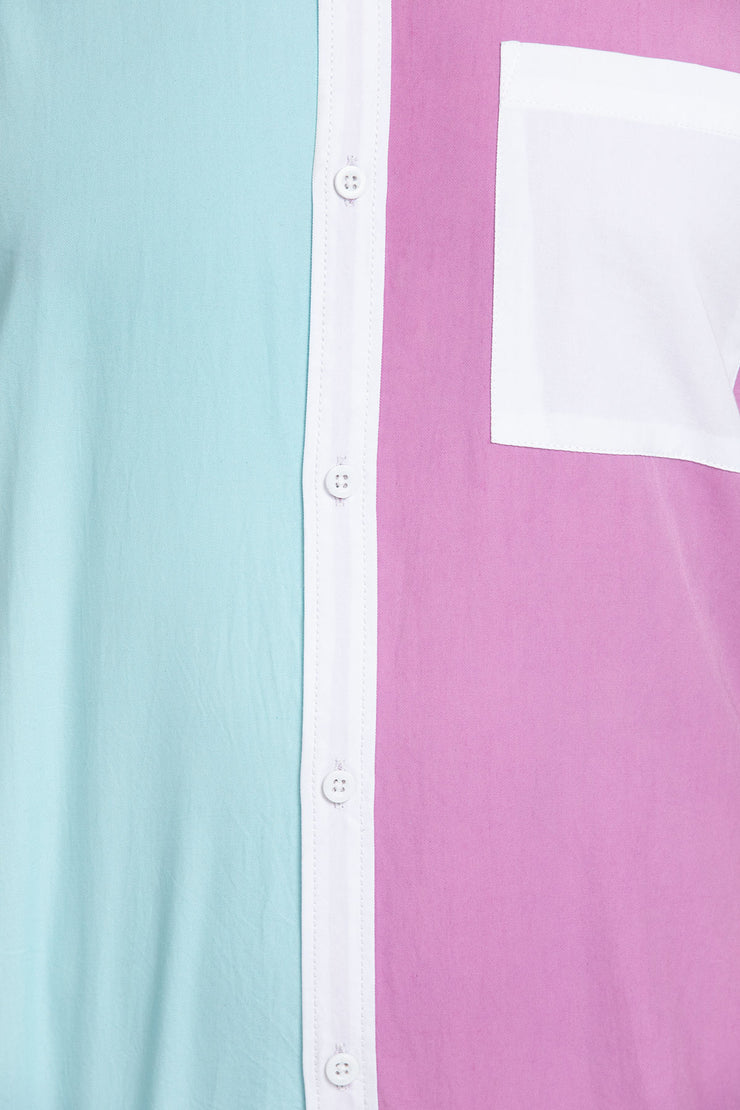 light blue, purple and white color block open collar unisex shirt