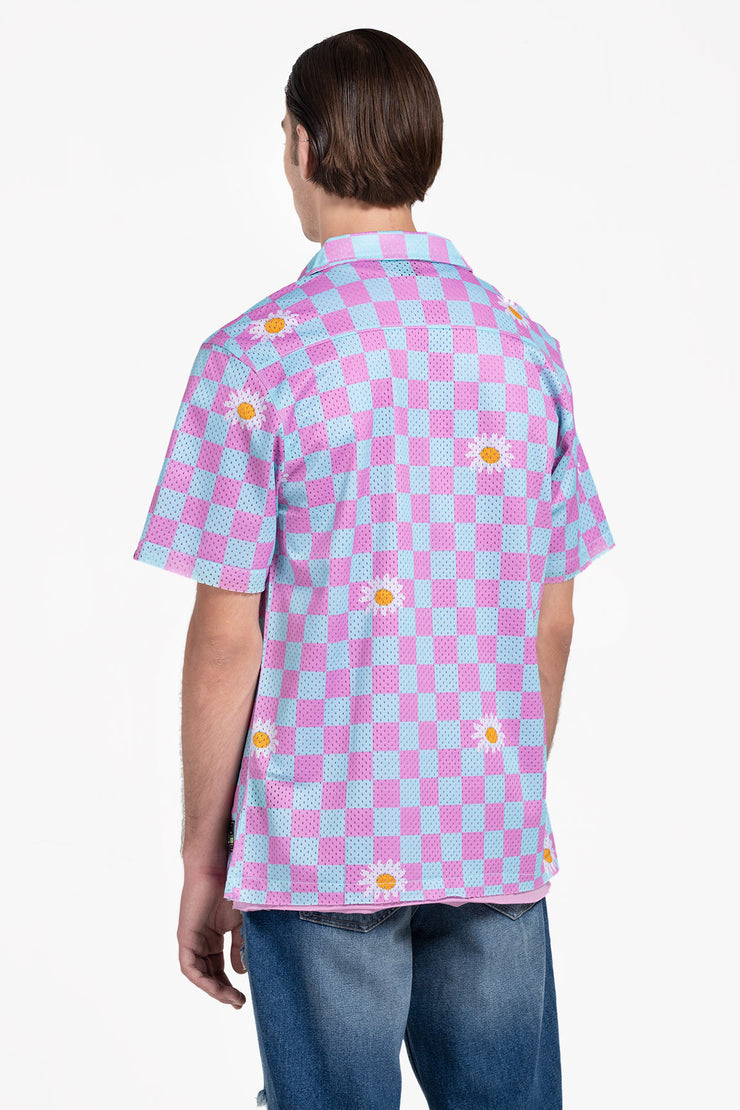 sunflower checkerboard print longline shirt in purple and blue color