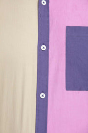 Grey, purple and pink color block open collar unisex shirt