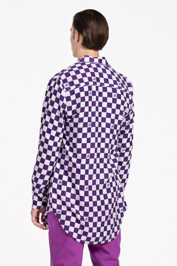 checkerboard print longline unisex shirt in white and purple color